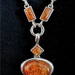 Beautiful Amber and Silver tone Pendant Necklace ladies jewelry